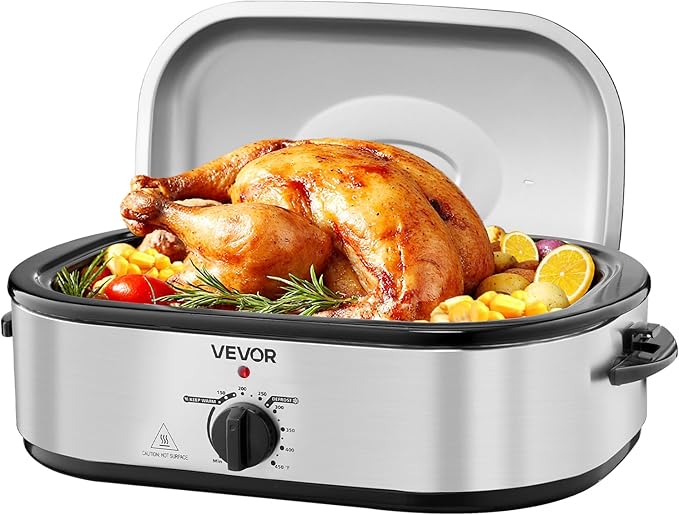 VEVOR Roaster Oven, 14QT Fast-Cooking Turkey Roaster, 150-450℉ Adjustable Temperature Electric Roasting Pan with Self-Basting Lid, Roasting Lift-Out Rack, Defrost & Warm Function, Fits 18lb Turkey
