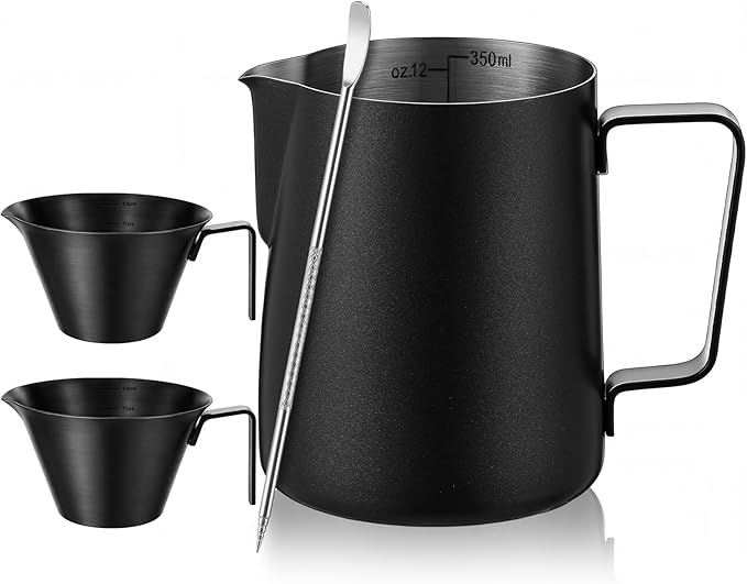 4 Pcs Espresso Accessories Kit with Espresso Cups with Handle, Milk Frothing Pitcher and Latte Art Pen Stainless Steel Cappuccino Machine Accessories for Coffee Bar(Black,100ml, 350ml)