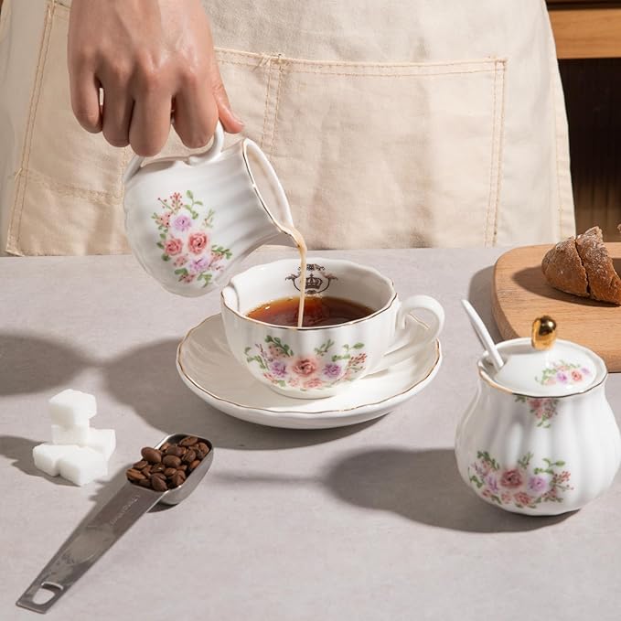Sweejar Royal Ceramic Sugar and Creamer Set, 3 Piece Set with Cream Pitcher, Sugar Bowl, Sugar Set with Lid & Spoon, Coffee Serving Set Wedding Gift (Rose Flower)