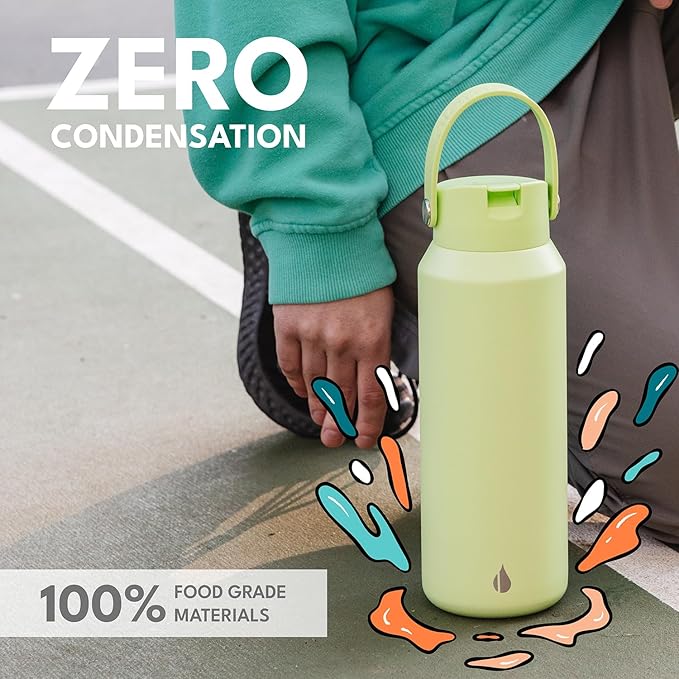 Elemental 40oz Insulated Water Bottle with Straw - 100% Leak-Proof Stainless Steel Core Water Bottles for Travel, Sports and Gym - Double Wall Insulation & BPA Free - Key Lime