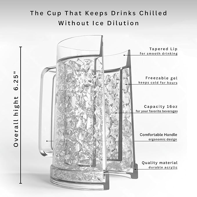 Beer Mugs For Freezer, Double Wall Insulated Plastic Glasses – Freezer Mugs, 16 oz – Perfect Frozen Beer Mugs for Home Bar Accessories, Gifts for Men, 1 Pack