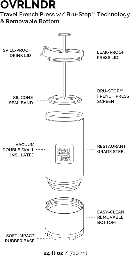 BruTrek OVRLNDR Travel Coffee French Press, 24 fl.oz Capacity, Double Wall Vacuum Insulated, Easy To Clean Removable Bottom, No Spill Lid, On The Go Coffee Brewing (Obsidian)