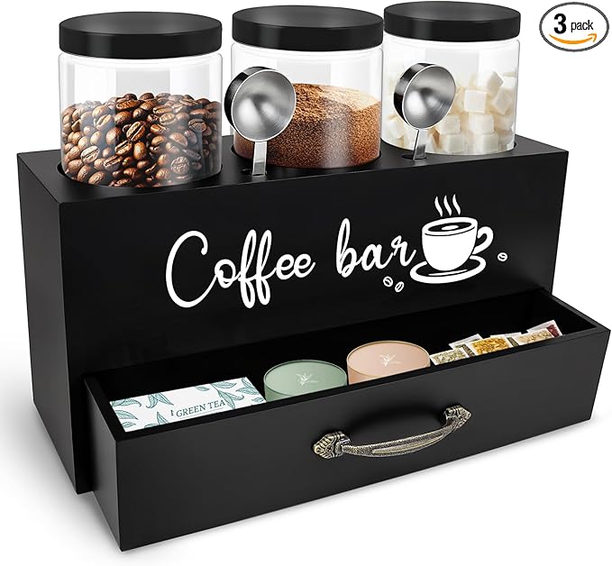54 oz Coffee Canister Set with Shelf, Coffee and Sugar Container Set of 3 Canisters Sets for Kitchen Counter, Plastic Coffee Bean Storage Container with Scoop (Black - Drawer)