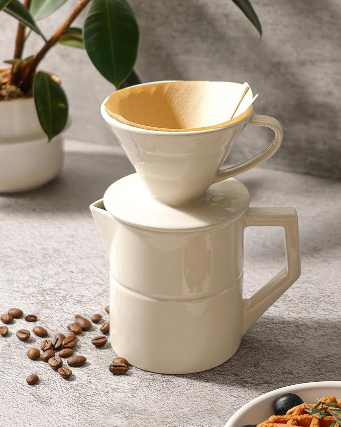 Pour Over Coffee Maker, Single Cup Ceramic Coffee Dripper, Reusable Filter Cone Drip Holder Slow Brewer with Hole Flat Bottom for Home, Office, Travel, Camping (White)