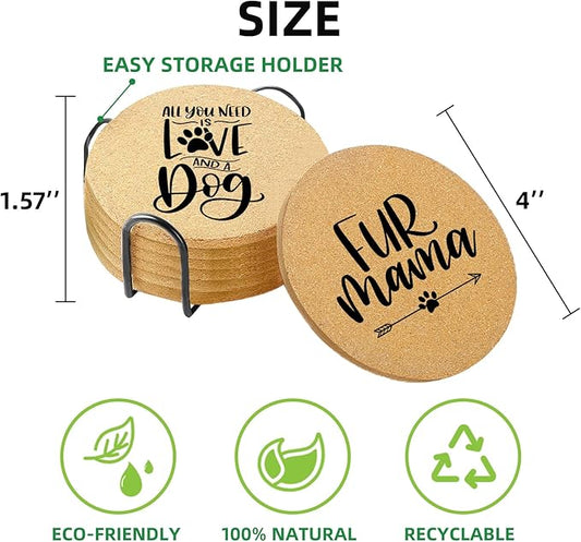 Coasters for Drinks with Set of 6, Cute Dog Coaster for New Home Couples House Warming Gifts Absorbent Paw Cork Wood Bulk for Cup Desk Coffee Table Office Kitchen Decor, Round 4"