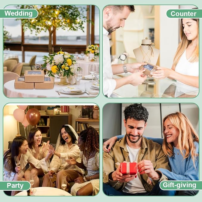 BENECREAT 30 Pack 3.3x2.3x1inch Rectangle Brown Kraft Paper Boxes with Clear Window for Wedding Party Favor Treats, Bakery, Valentine's Day Jewelry Gift Packaging