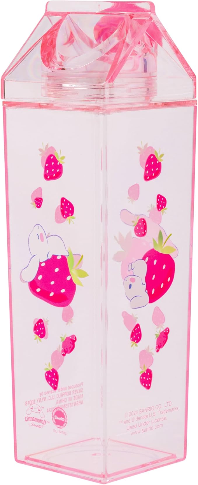 Silver Buffalo Sanrio Hello Kitty and Friends Featuring Cinnamoroll and Strawberries Plastic Pink Milk Carton Pitcher Bottle, 16.2 Ounces