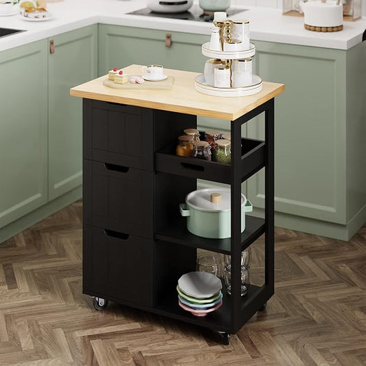 SUNLEI Kitchen Island with Storage Cart Rolling Coffee Small Butcher Block Table Microwave with 3 Drawers on Wheels Station Portable Mobile Narrow Moveable Utility Counter Wood Top Spaces Bar Food