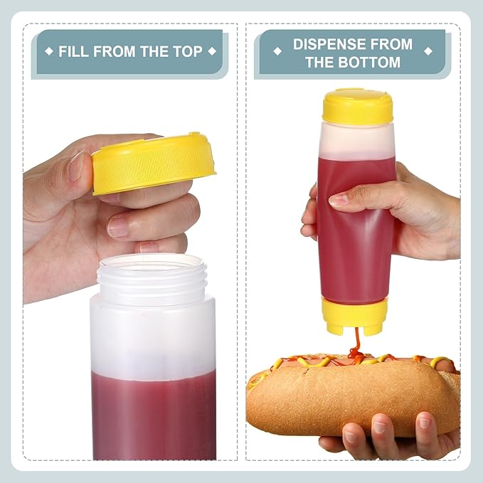 Didaey 4 Pcs Squeeze Bottles Refillable 20 oz, Inverted Plastic Tip Large Valve Dispenser Condiment Squeeze Bottle for Sauces Ketchup Sour Cream Self Sealing Syrup Dispenser for Restaurants (Yellow)
