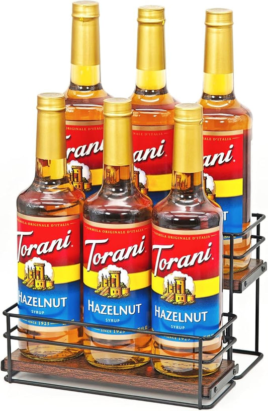 AUATRONNE 6 Bottle Capacity Coffee Syrup Rack Organizer, 2 Tier Coffee Syrup Stand Shelf, Storage Shelves for Coffee Bar, Small Wine Rack for Bar Family Storage for Syrup Wine Dressing