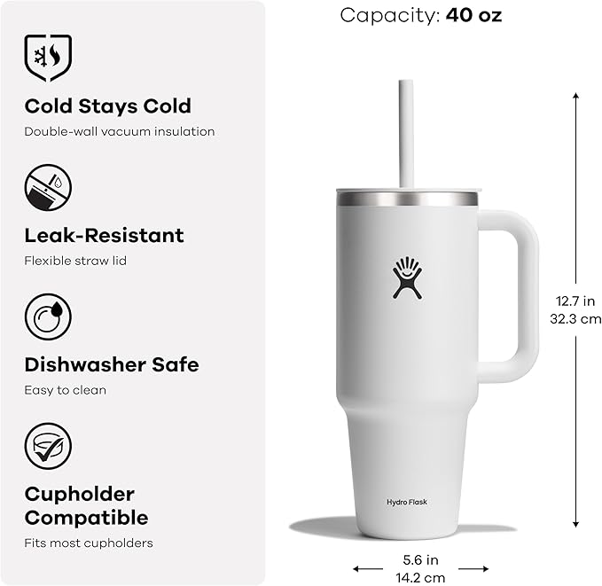 Hydro Flask Travel Tumbler with Handle, Lid and Straw - Insulated Stainless Steel in 40 Oz Sunglow