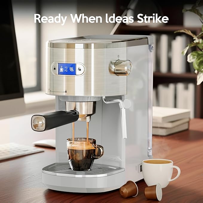 20 Bar Espresso Machine Semi-Automatic, Professional Coffee Maker with Milk Frother Steam Wand & 45OZ Removable Water Tank, Home Barista System for Cappuccino, Latte, Americano-Stainless Steel-Silver