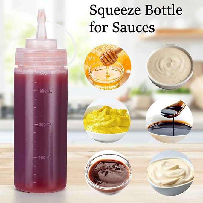 Katfort Condiment Squeeze Bottles Ketchup Dispenser, 4 Pack 12oz Squeeze Bottles for Liquids, Plastic Sauce Bottle with Cap Lid, Squirt Bottles for Sauces Liquids BBQ Dressing Pancake Art