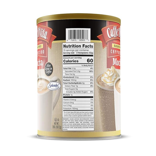 Caffe D'Vita Sugar Free Mocha Cappuccino Mix - Sugar Free Mocha Mix, Gluten Free, No Cholesterol, No Trans Fat, 99% Caffeine Free - 2 lb. (32 oz.) can