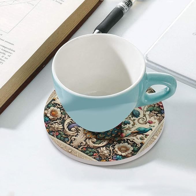 Round-6PCS Peacock Ceramic Coasters, Round Absorbent Drink Coasters, Beautiful Plant Colorful Floral Peacock Boho Art Ceramic Table Coasters for Coffee, Beverage, Wine, Beer Coasters