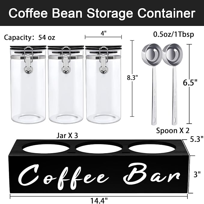 3 x 54 oz Glass Coffee Bean Storage Container with Shelf 3PCS Glass Containers with Airtight Locking Clamp Lid Spoons Coffee Canister Set Jars for Kitchen Food Storage Tea Sugar Black