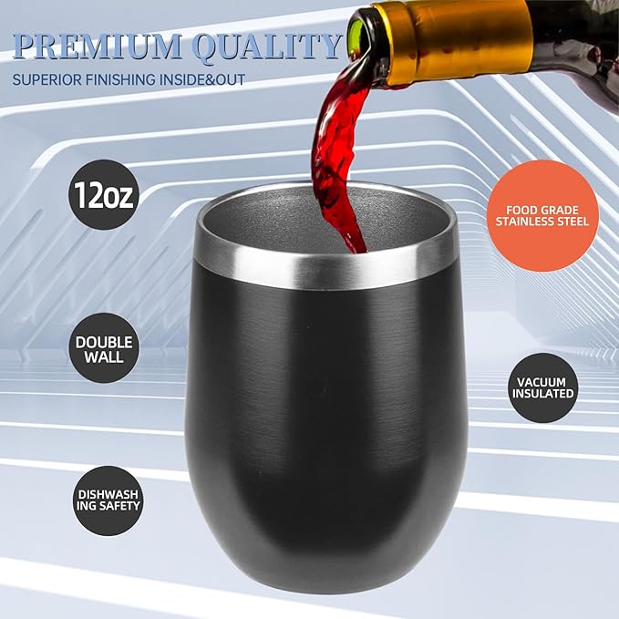 12oz Wine Tumbler with lid, Stainless Steel Travel Mugs Stemless Double Wall Insulated Coffee Cup, Insulated Wine Glasses Travel Tumbler for Cold & Hot Drinks(Black, 1)