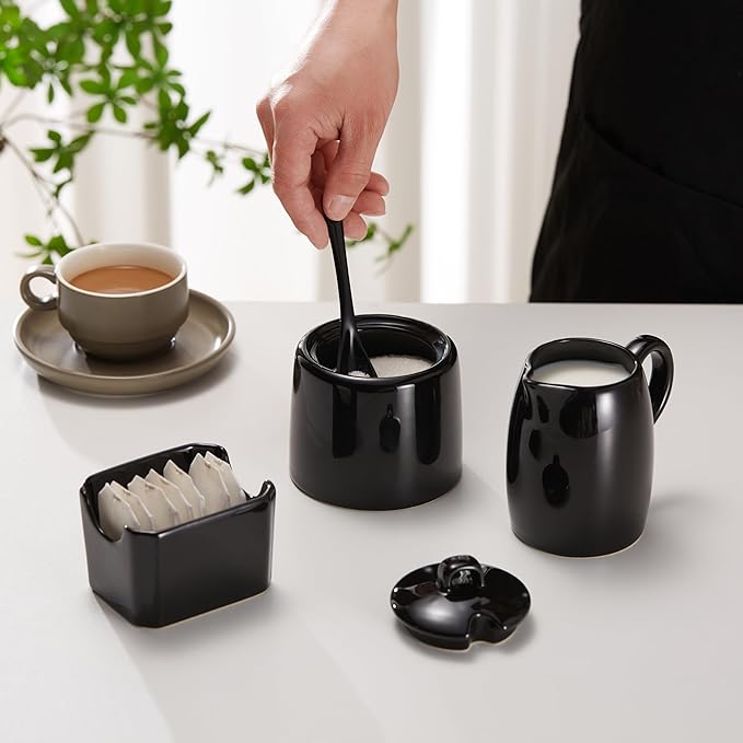 KooK Sugar and Creamer Set, 3 Piece, Pitcher, Sugar Bowl with Lid and Spoon, Sweetener Holder (Black)