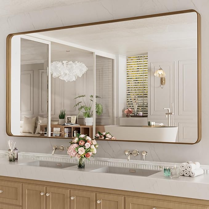 LOAAO 77X36 Inch Bathroom Mirror with Wood Grain Colored Metal Frame, Rounded Rectangle Metal Framed Bathroom Mirror, Anti-Rust, Hangs Horizontally or Vertically, Tempered Glass
