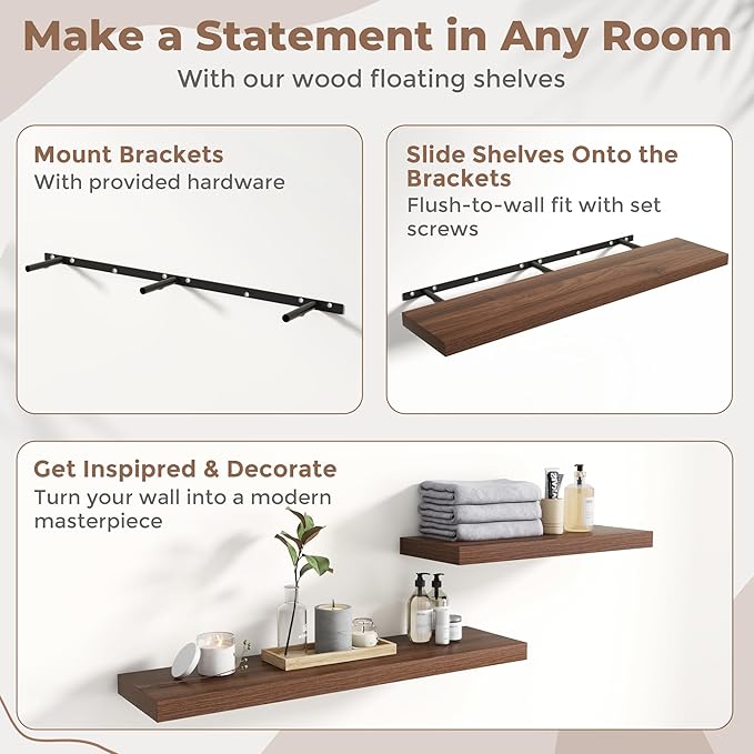 Floating Shelves for Wall with Invisible Brackets, Wall Mounted Engineered Wood Shelves with Wood Grain for Living Room, Bedroom, Bathroom, Kitchen Decor and Storage, Oak, 55"L Set of 2, Walnut