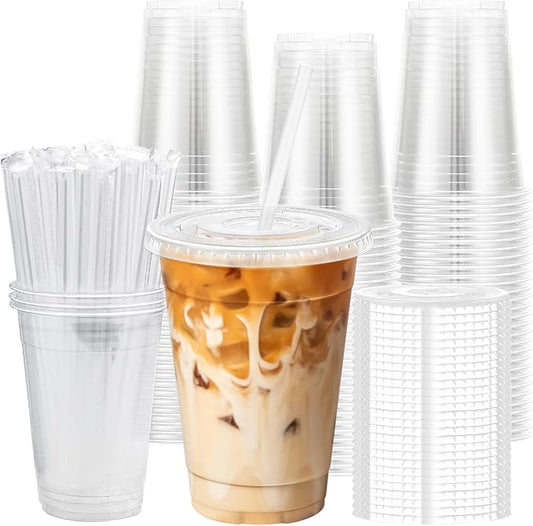 Clawsoff 16 oz 50 Pack Plastic Cups with Lids and Straws, Sturdy Food Safe Iced Clear Coffee Cups Disposable Smoothie Cups for Cold Drinks