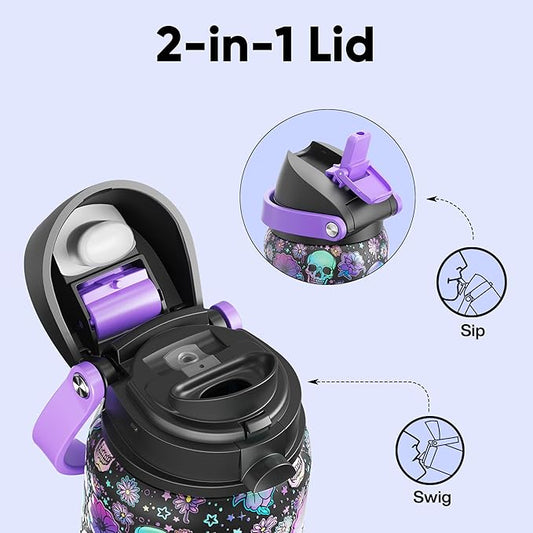 Insulated Water Bottle with Straw - Encool Stainless Steel Water Bottle with Push Button Lid, Leak-Proof & BPA-Free, Keeps Cold for 24 Hours for Sports, Travel, Gym (32 oz, Floral Afterlife)