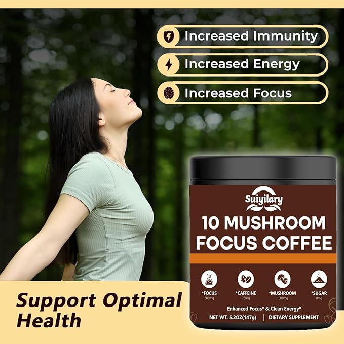 Mushroom Coffee with Focus, 10 Mushroom Extract Powder Blend Lion's Mane, Brain Supplements with Instant Coffee for Energy, Focus, Memory and Immunity 147g 21 Serving