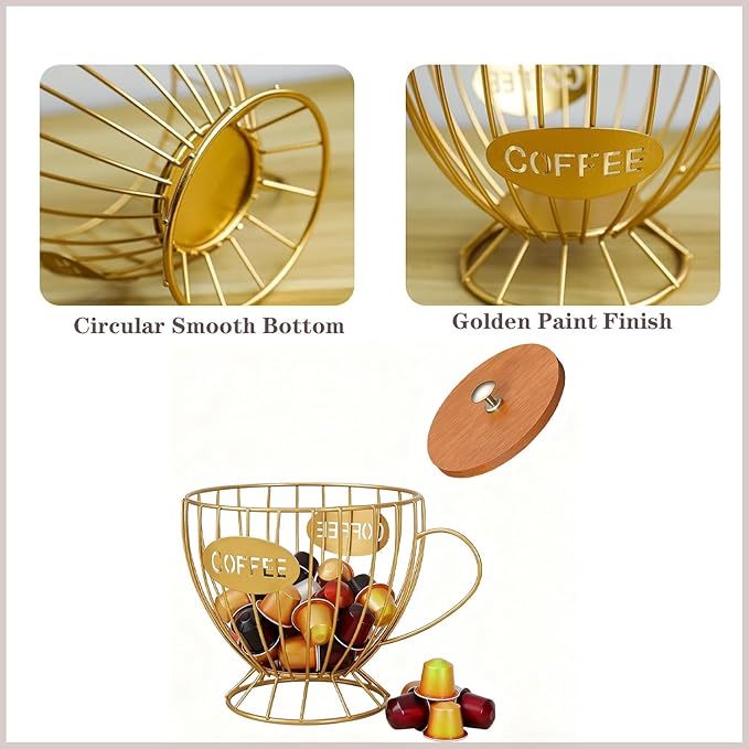 Coffee Pod Holder with Lid -Coffee Creamer Holder Large Capacity Holder for k Holder Organizer for Counter - Coffee Decor Station for Pods, Espresso, Capsules, Creamer, (Gold-CC)