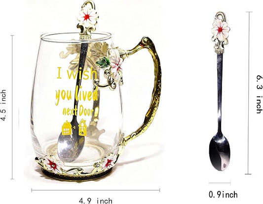 Unique Printing Glass Cup Flower Design Tea Cup Coffee Cup Ideal Christmas Gift for Friends Colleague BFF Her Women Neighbor (Neighbor)