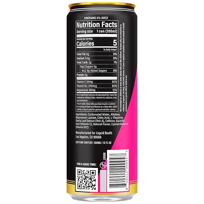 Liquid Death Sparkling Energy - Scary Strawberry, Sugar-Free Energy Drink, Unextreme Caffeine 100mg, Essential Vitamins, 12 Fl Oz (Pack of 12)