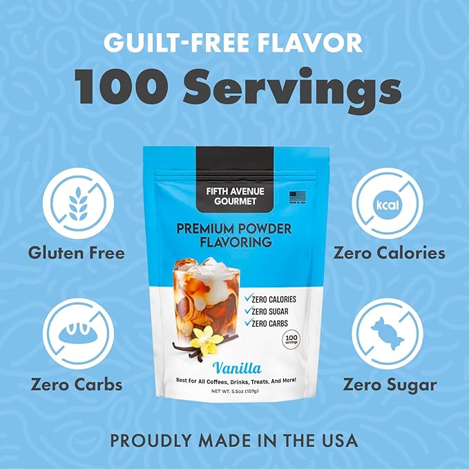 Fifth Avenue Gourmet Premium Powder Flavoring, Zero Sugar, Calories & Carbs, 157g Vanilla Powder for Coffee, Drinks & Treats, Ideal for Keto & Low-Carb Lifestyles - 100 Servings, Vanilla