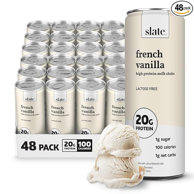 Slate Milk - High Protein Milk Shake - French Vanilla - Lactose Free, 20g Protein, 1g Sugar, 100 Calories, 1g Net Carbs, No Added Sugar - Natural, Breakfast Boost, Post Workout - 11 fl oz, 48 Cans