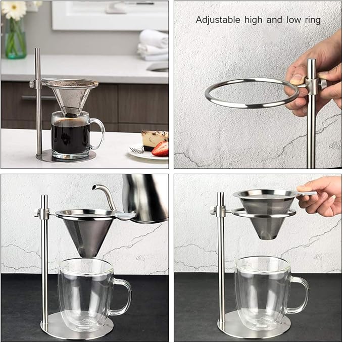 Mrisata Stainless Steel Adjustable Pour Over Coffee Maker, Adjustable Stand, Double Layer Filter, Freestanding Drip Cone Brewer and Stand, Make Coffee Directly into Mug, Cup or