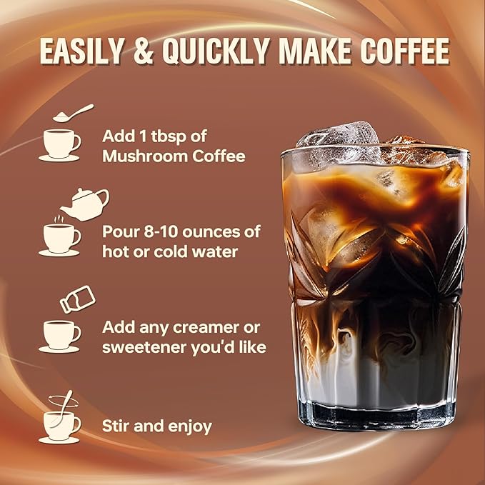 2 Bag Mushroom Coffee, Instant Mushroom Coffee Powder with 6 Adaptogenic Mushrooms (Cordyceps, Lion’s Mane, Shiitake, Turkey Tail) and MCT Oil for Better Energy, Focus, Immune Support - 60 Servings
