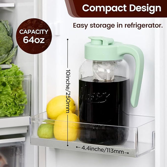 Spreccio Cold Brew Coffee Maker Glass, Airtight & Leakproof Mason Jar Pitcher with Cold Brew Filter, 64 oz Glass Pitcher with Lid for Iced Coffee, Lemonade, Ice Tea