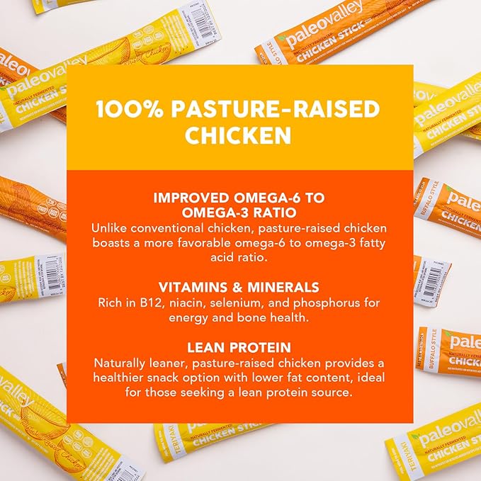 Paleovalley Pasture-Raised Chicken Sticks – 10 Pack – 7g Protein per Stick – Keto-Friendly, Paleo, Gluten-Free, Nitrate-Free – On-the-Go Snack (10 Pack, Buffalo)