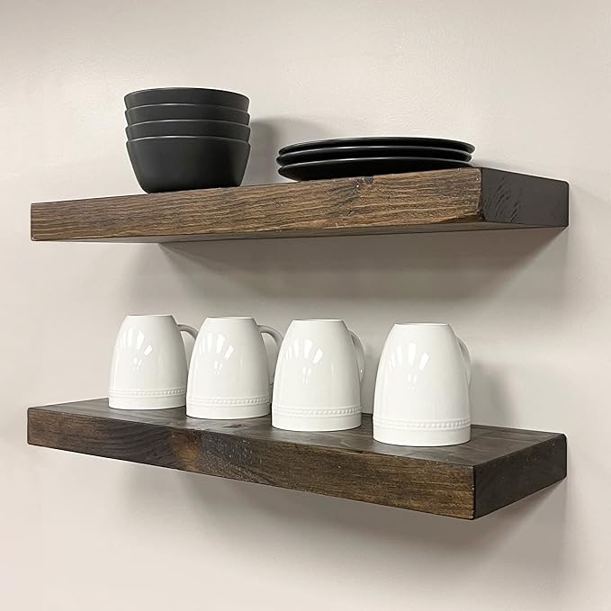 URBANDI, Rustic Floating Shelves, Set of 2, Hidden Bracket, Solid Wood, Heavy Duty, Wall Mounted Shelves, (Dark Brown, 36Wx10D)