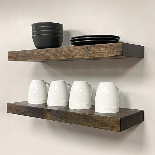 URBANDI, Rustic Floating Shelves, Set of 2, Hidden Bracket, Solid Wood, Heavy Duty, Wall Mounted Shelves, (Dark Brown, 36Wx12D)