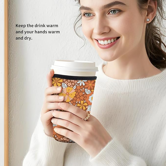 Reusable Neoprene Insulator Sleeve for Iced Coffee Cold Soda Cups, Cute Durable Drink Sleeve for Cold Beverages, Medium 22-28oz Cup Sleeve Cute Orange Floral