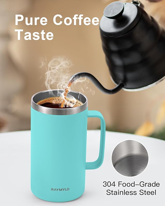 Insulated Coffee Mug 24 oz, Double Wall Stainless Steel Coffee Mug with Lids, Leak-Proof & Detachable Slider Lid for Thorough Clean, Keeps Coffee Cold for 9 Hrs, Suitable for Camp Home Office