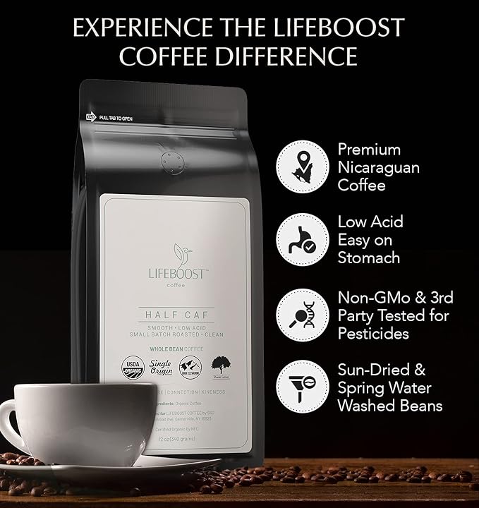 Lifeboost Half Caff Medium Roast Whole Bean Coffee - Low Acid Organic Coffee, Non-GMO, USDA Organic, Single Origin, Third-Party Tested for Mycotoxins & Pesticides - 12 oz Bag
