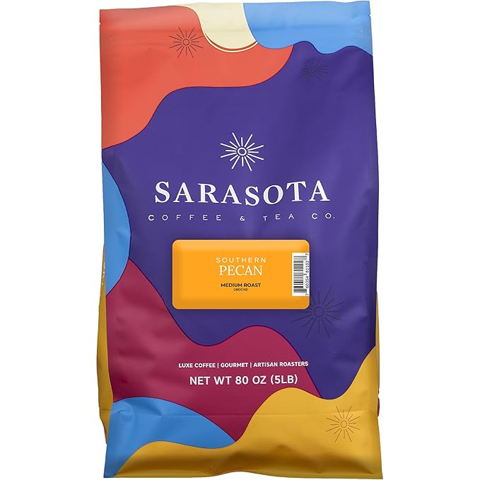 Sarasota Coffee Ground Southern Texas Butter Pecan | Medium Roast Gourmet Flavored Coffee Grounds | Low Acid, Mold Free, Specialty Grade Flavored Bulk Ground Coffee | 5lb (80 oz)