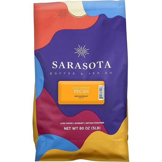 Sarasota Coffee Ground Southern Texas Butter Pecan | Medium Roast Gourmet Flavored Coffee Grounds | Low Acid, Mold Free, Specialty Grade Flavored Bulk Ground Coffee | 5lb (80 oz)