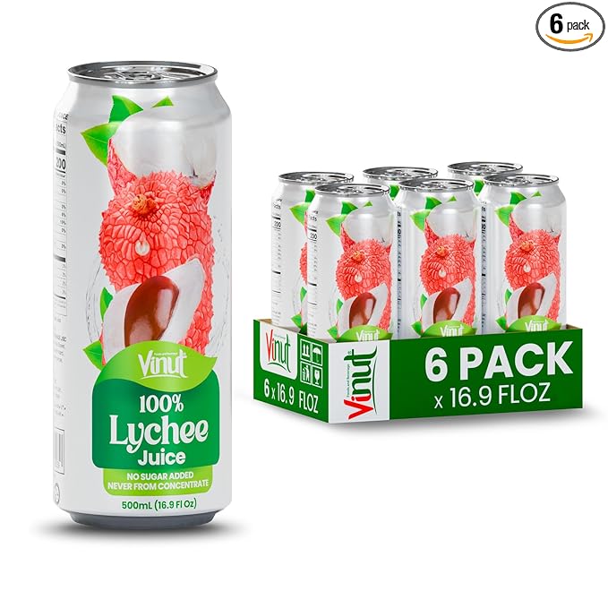 VINUT 100% Lychee Juice, No Added Sugar, Not From Concentrate, 16.9 fl oz (500 mL) Can, Pack of 6