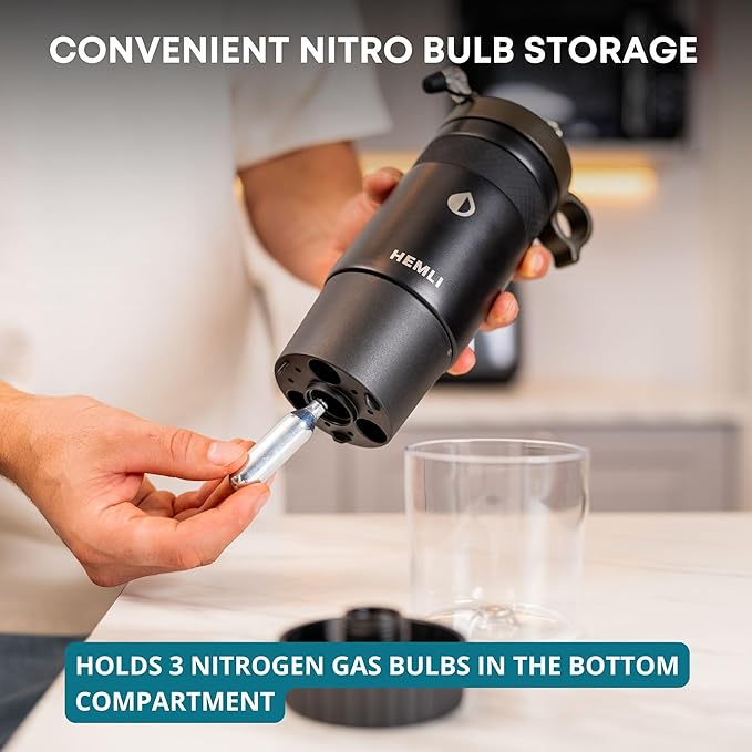 Nitro Cold Brew Coffee Maker 12 oz Ceramic-Lined, Tritan Cup, Pressure Gauge, Stores 3 Nitrogen Gas Bulbs Custom Designed for Cold Brew and Nitro Drinks