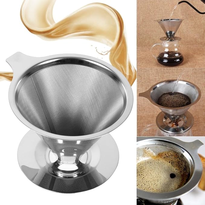 Pour Over Coffee Dripper, Cone Paperless Stainless Steel Coffee Filter with Non Slip Cup Stand Double Layer Reusable Mesh Coffee Maker for Home Office Traveling Camping