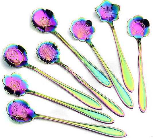 Stainless Steel Tableware Creative Flower Coffee, Sugar, Stir, Mix, Stir Bar, Tea, Cake, Sugar, Dessert Ice Cream Spoon Set of 8, Rainbow