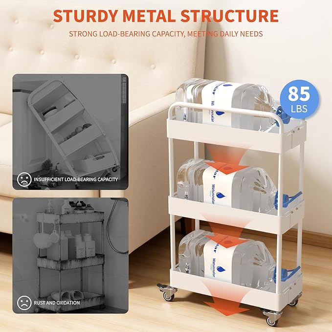 HOTEAGLE 3-Tier Rolling Cart Metal Expandable Utility Carts with Wheels, Ideal Storage Organizer for Livingroom, Bedroom, Kitchen and Bathroom, White