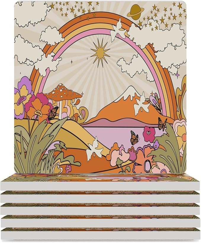 Botanical Drink Coasters, Square Ceramic Drink Coaster Square-6PCS, Abstract Cartoon Colorful Mushroom Flower Butterfly Pattern Decor Absorbent Ceramic Coasters for Beverage Cup, Bar, Coffee Table