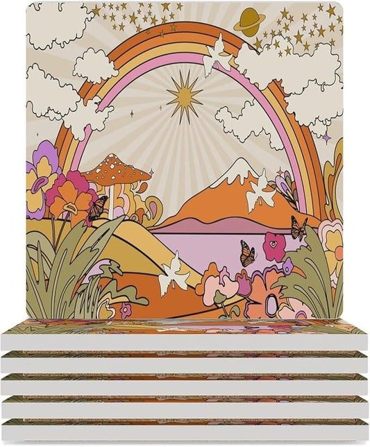 Botanical Drink Coasters, Square Ceramic Drink Coaster Square-6PCS, Abstract Cartoon Colorful Mushroom Flower Butterfly Pattern Decor Absorbent Ceramic Coasters for Beverage Cup, Bar, Coffee Table